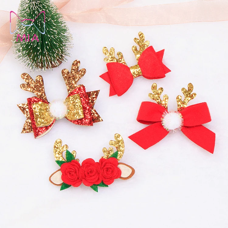 

MIA Free Shipping kid sequins Christmas Moose antler hairpin nonwoven flower hair bulb bow hair accessories for baby girls 91108, Picture shows