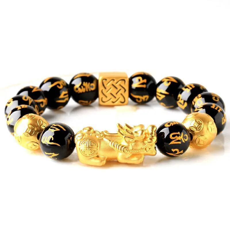 

Wholesale Charm Lucky Fortune Natural Feng Shui Black Obsidian Pixiu Bracelet For Men and Women, Golden/black