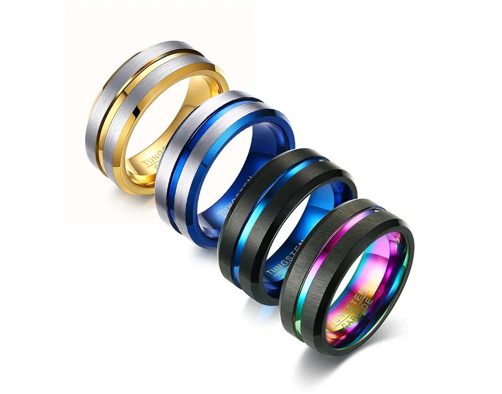 

Poya 8mm Brushed Bevel Edge Gold Blue Sapphire Plating Tungsten Ring With Rainbow Grooved Line, Customized color
