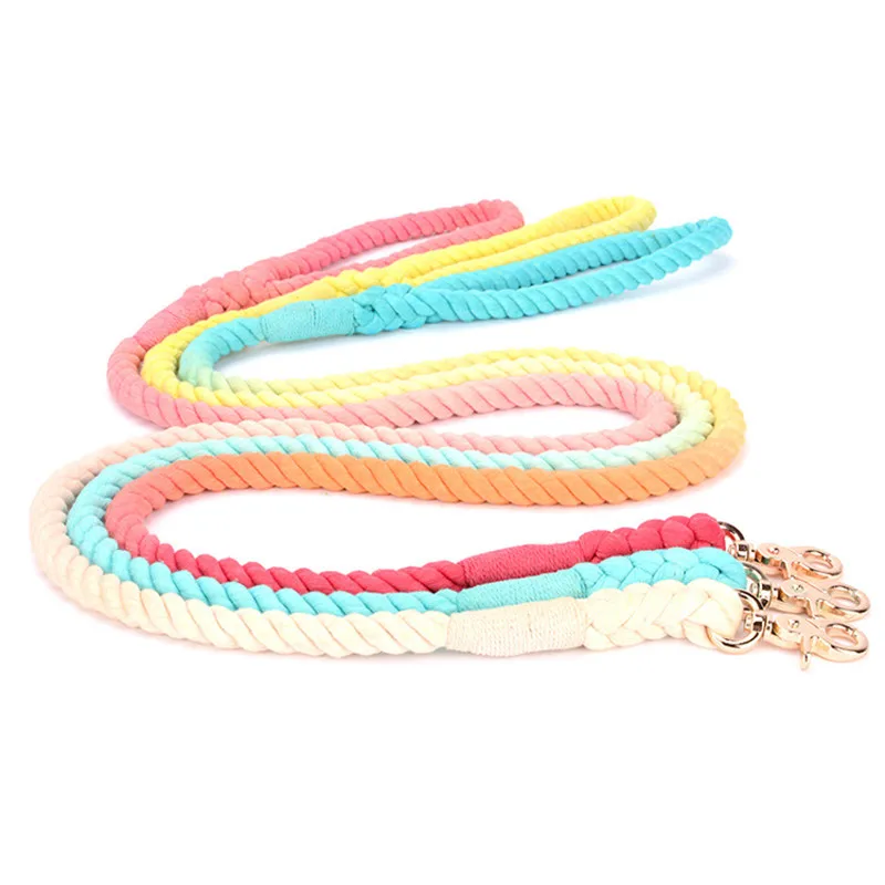 

2020 the new style pet supplies handmade dyeing pet cotton rope gradient color leather dog rope leash, 7 colors