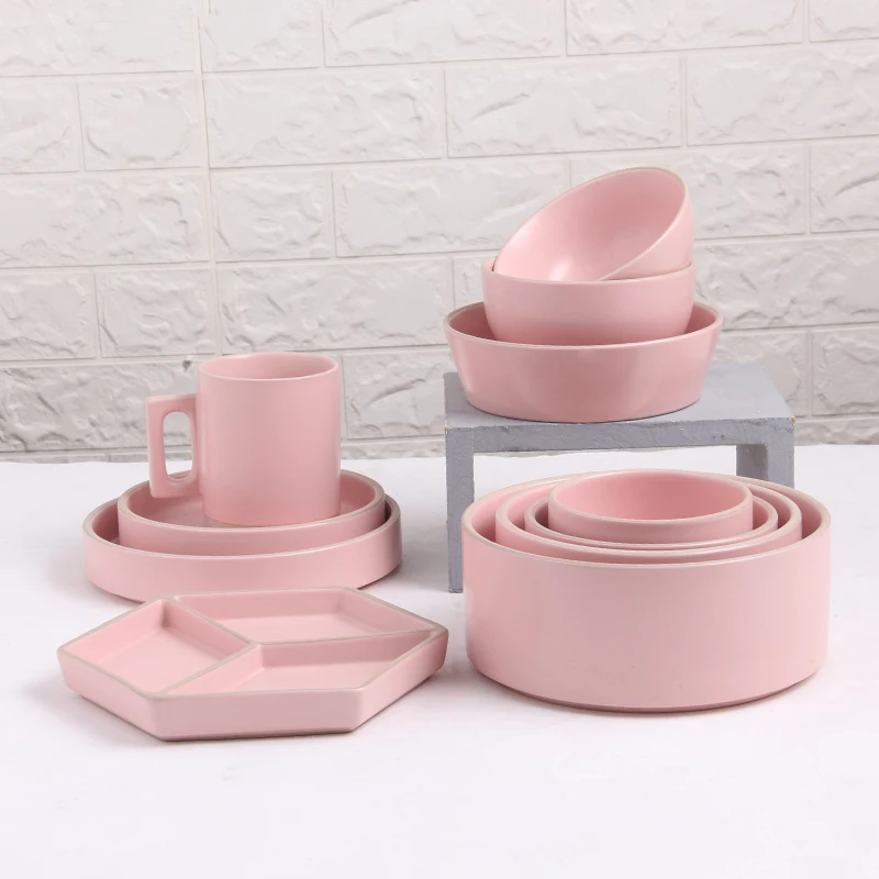 

pink Modern simple figuline porcelain plate mug dishes ceramic korean style dinnerware sets Straight plates with lid, As picture / customized