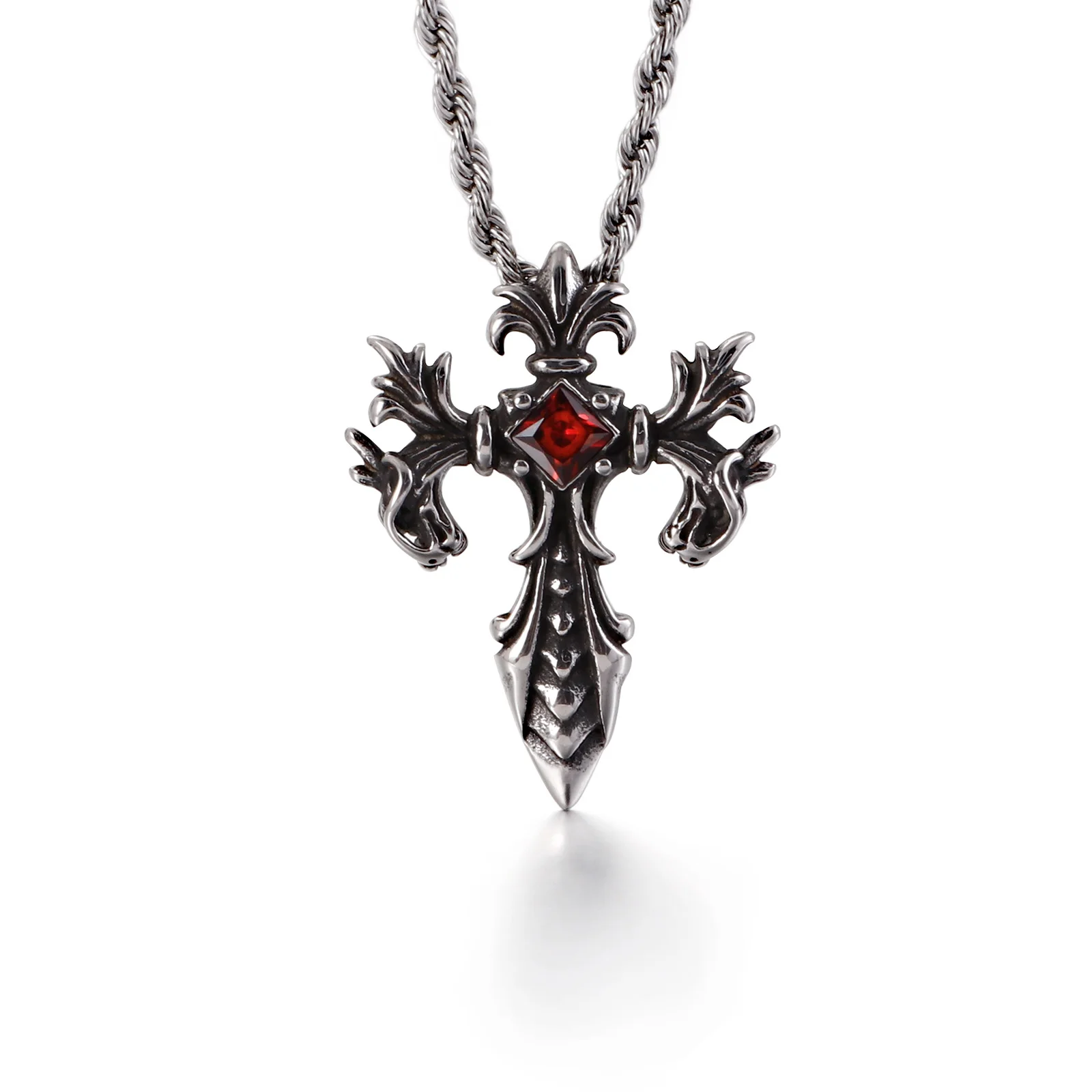 

KALEN stainless steel double dragon cross ruby men's pendant