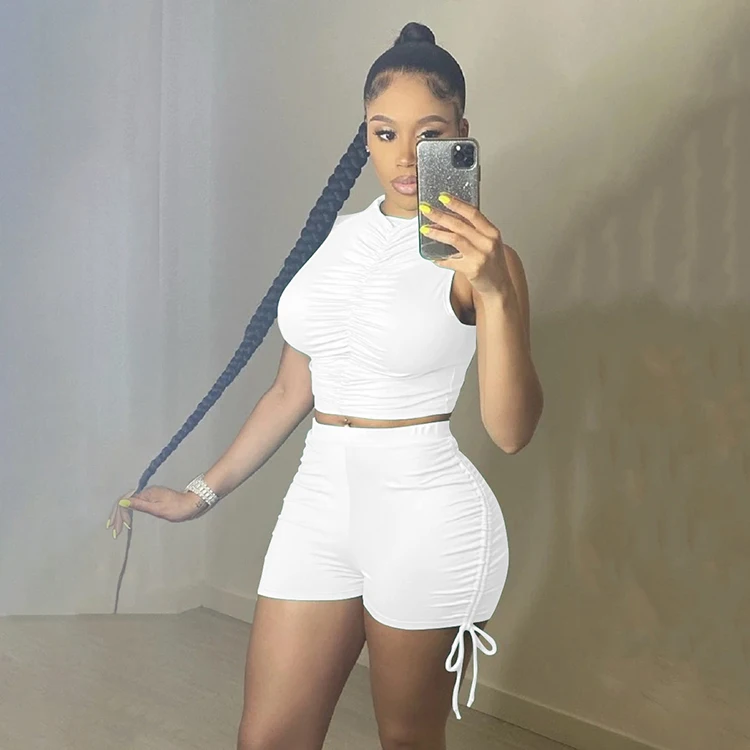 

Summer Clothing Shorts And Tank Top Set For Women Solid Color Ruched Tight Outfits Two Piece Short Sets Womens, White,orange,gray