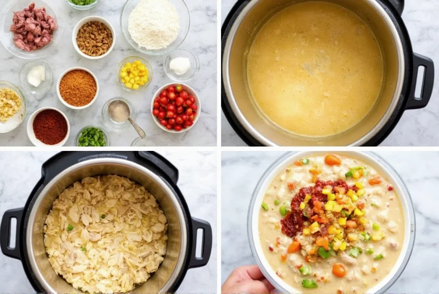 Step-by-step white chicken chili recipe in Instant Pot showing ingredients, cooking process, and final creamy chili in bowl with toppings