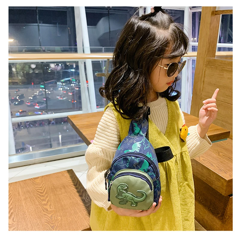 

New style children's pockets dinosaur messenger bag fashion kids chest bag coin purse baby waist bag for kids, Black