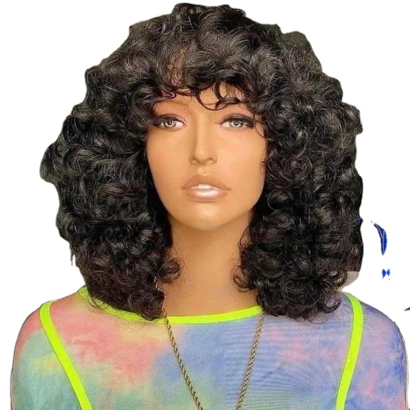 

Rose Curly Fumi Human Hair Wig With Bangs Short Bob For Black Women Water Virgin Brazilian Pixie Cut 180%density