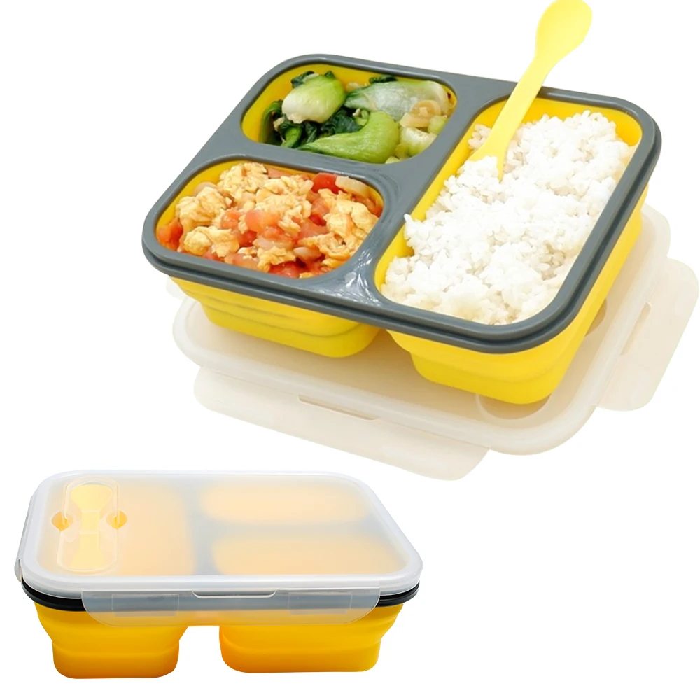 

1100ML Three Grids Microwave collapsible bento box 3 compartment silicone foldable lunch box student bento bowl with lid sealed, Customized color