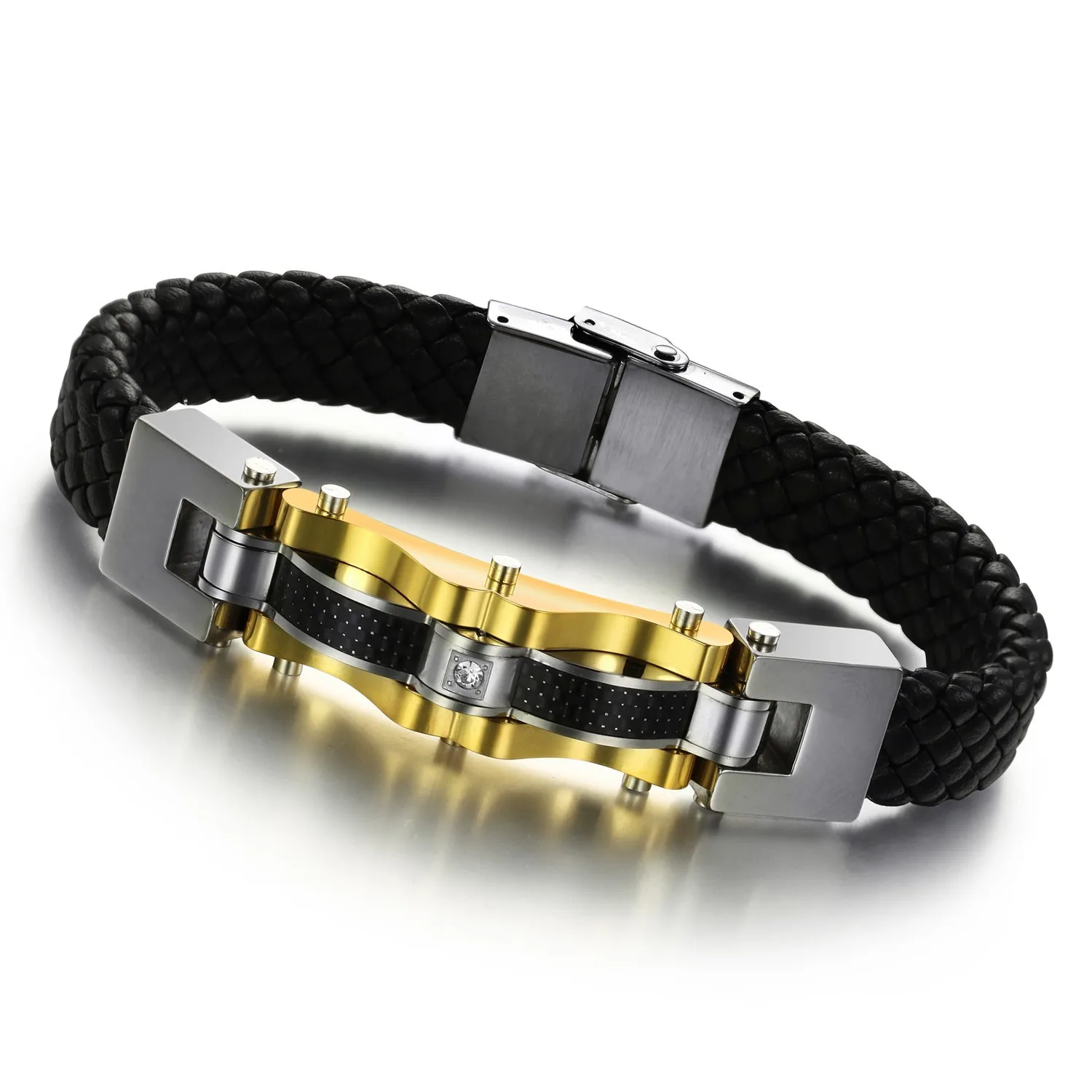 

Personality Large Braided Gold Color Carbon Fiber Inlay Stainless Steel Genuine Leather Bracelet Bracelets for Men Boys