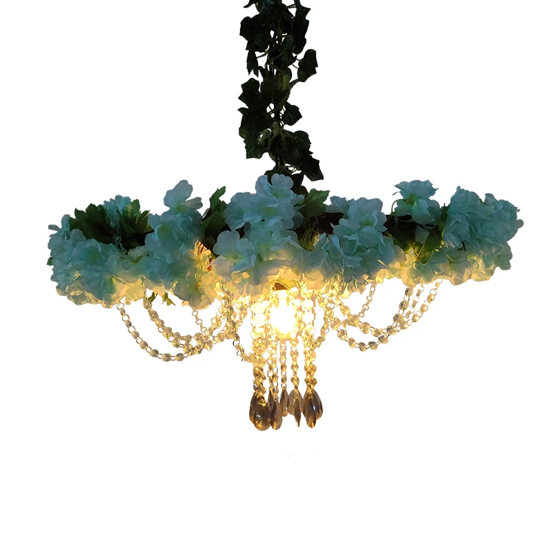 Hot sell indoor black iron crystal hanging blue plant chandelier lamp 3d led modern decorative ceiling plant pendant light