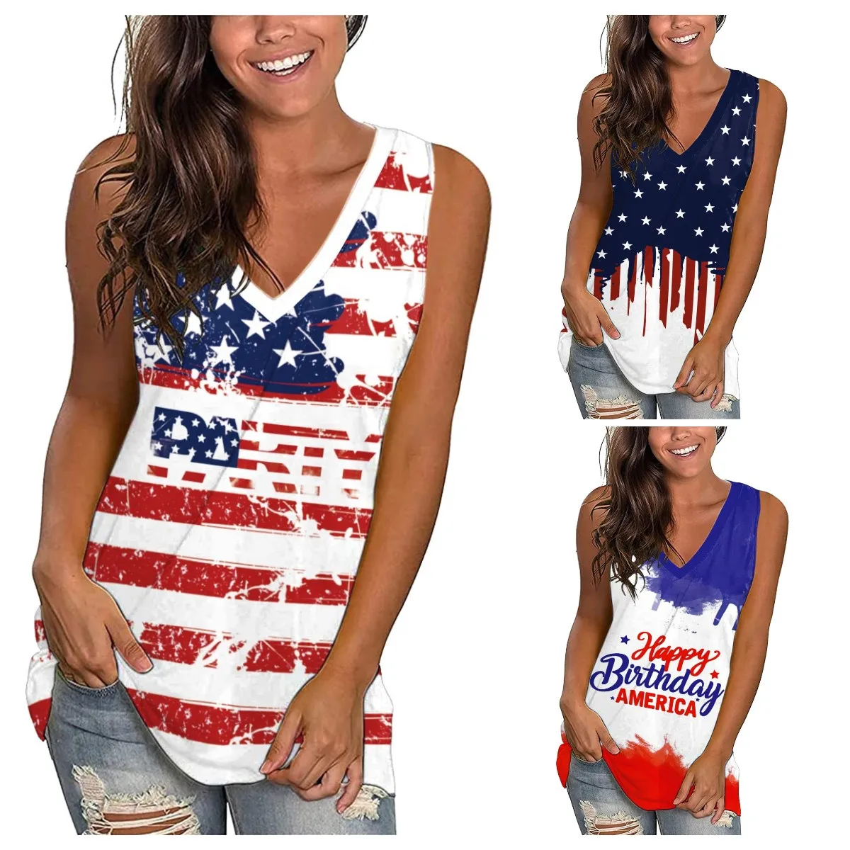 

NADANBAO Wholesale Custom Logo Lady Fashion Summer Casual Independence Day USA Flag Print Women's Top Workout Women Tank Top