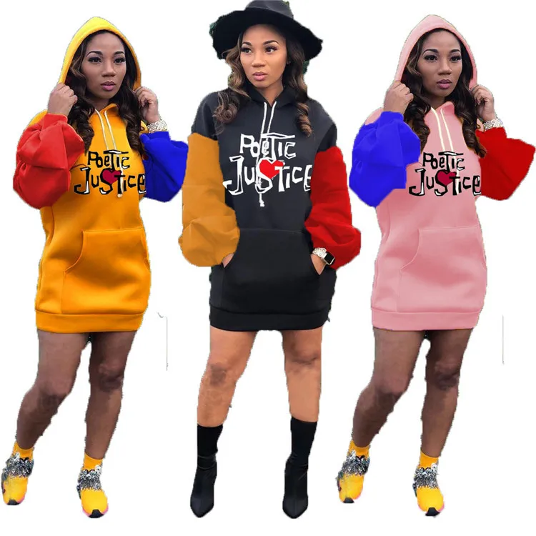 

2021 Winter Print Hooded Drawstring Sweatshirts High Quality Hoodies Women Long Sleeve Tracksuit Streetwear Women Hoodie Dresses