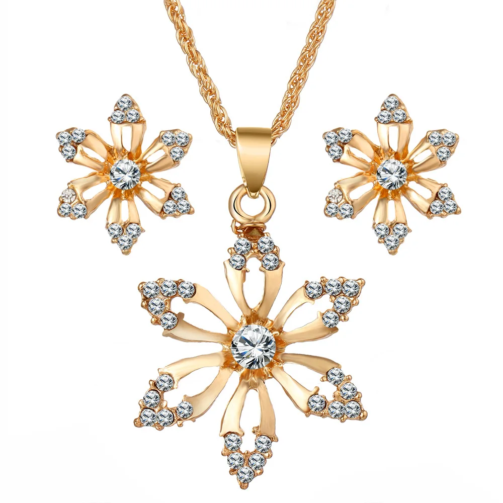 

High Quality Cheap Elegant Crystal Flower Pendant Bridal Women Necklace and Earring Jewelry Set for Wedding, Gold plated