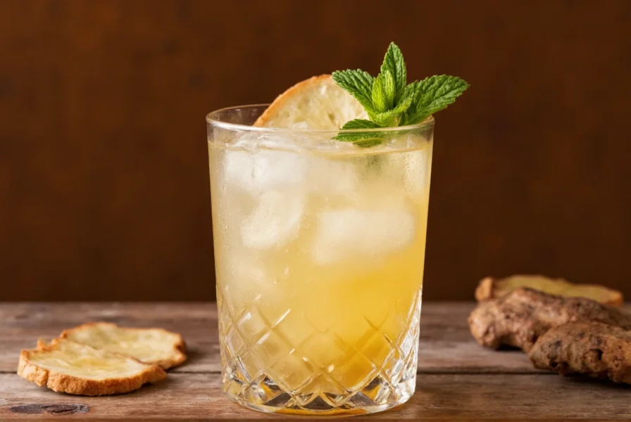 Whiskey ginger smash cocktail in rocks glass with mint garnish and ginger slice
