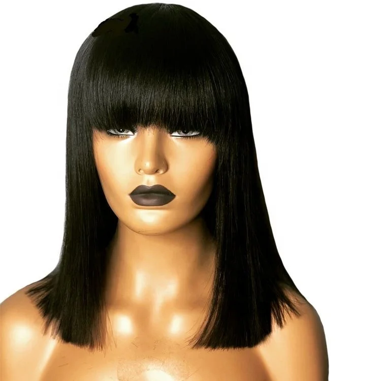 

180% Density Straight Human Lace Frontal Wigs with Bangs Brazilian Human Hair Blunt Cut Bob Lace Wigs