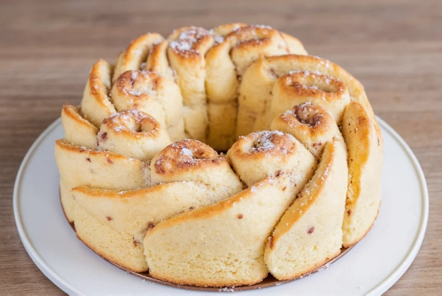Step-by-step process showing cinnamon sugar mixture being swirled into cake batter in baking pan