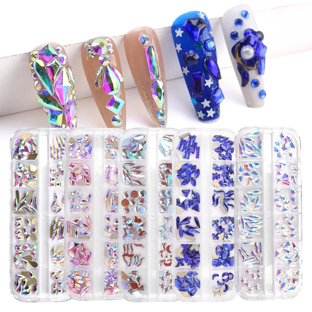 

Crystal Rhinestone Nail Art Decoration Colorful 12 Grids Mix Size Flat Back Crystal Rhinestones for Nail Design in Box, Multi colors