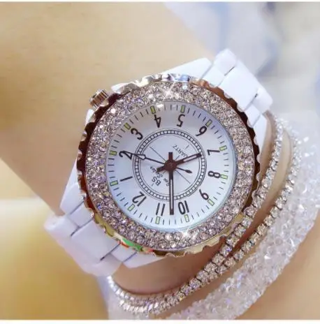 

2021 Famous Brand BS Ceramic Watch Women Elegant Dress Female Wristwatch Fashion White Women Wrist Watches Rhinestone Clock