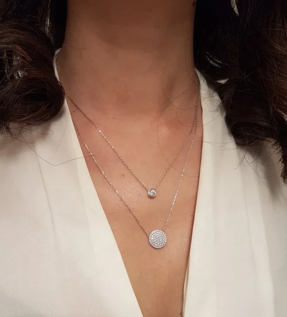 

Fashion jewelry 925 sterling silver cz double chain circular pendant girl women necklace, Customized