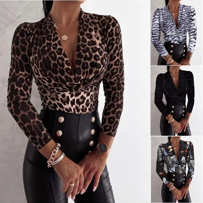 

2021 Women Clothing Slim Fit Long Sleeve Shirts Casual Cheetah Leopard Print Tops Bodycon Women Camiseta Base Shirts, As pictures