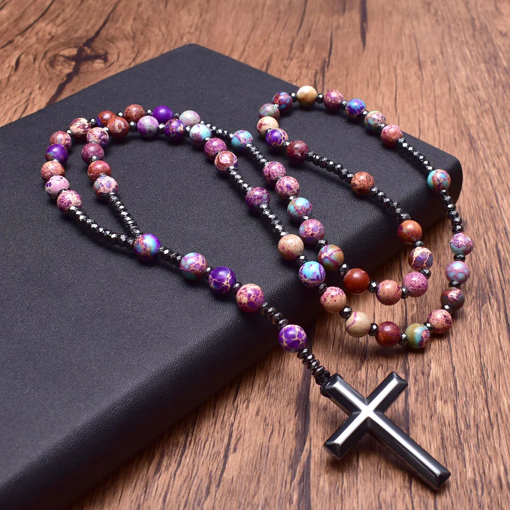 

Purple Emperor Stone with Hematite Cross Pendant Necklace for Women Catholic Christ Rosary Prayer Bead Necklaces Female Jewelry