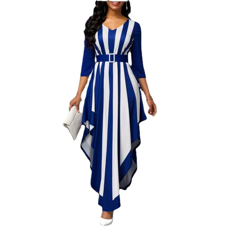 

Fashion women Plus Size Irregular Striped Maxi Dresses Elegant Sexy Slim V Neck Bandage Long Party Dress 2021 chic lady clothing