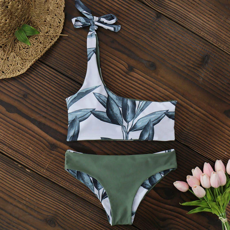 

Women Swimwear Push Up Swimsuit One Shoulder Print Brazilian Bikini Set 2020 Biquini Bathing Beach Swimming Suit, Black, royal blue, white