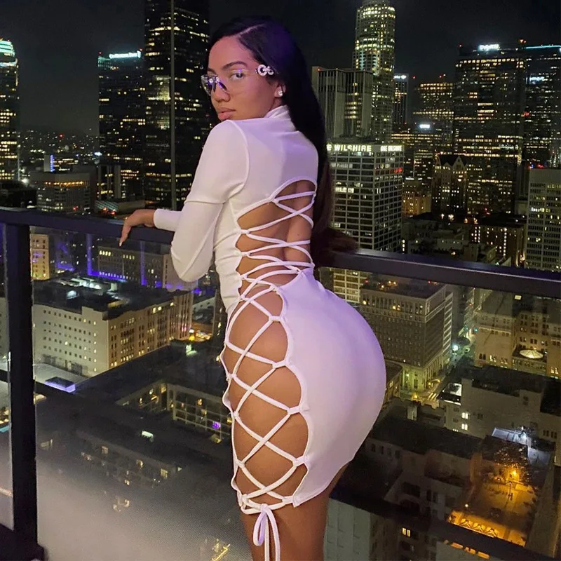 

Lady Spring Solid Color Hollow Out Long Sleeve Women Sexy Cross Lace Up Night Club Bodycon Dresses Mini Dress