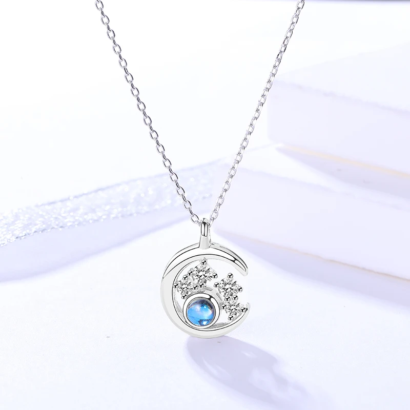 

A840A S925 special design sterling silver creative moon pendant 100 languages i love you necklace