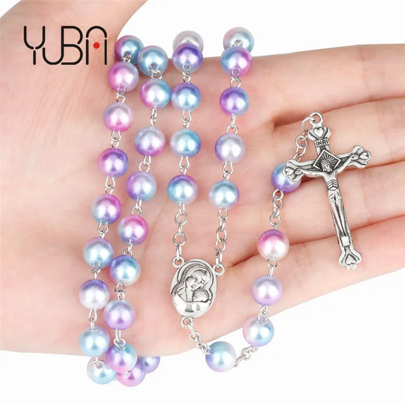 

Multi Color Beads Rosary Child Christian Rosaries Long Cross pendant Necklace