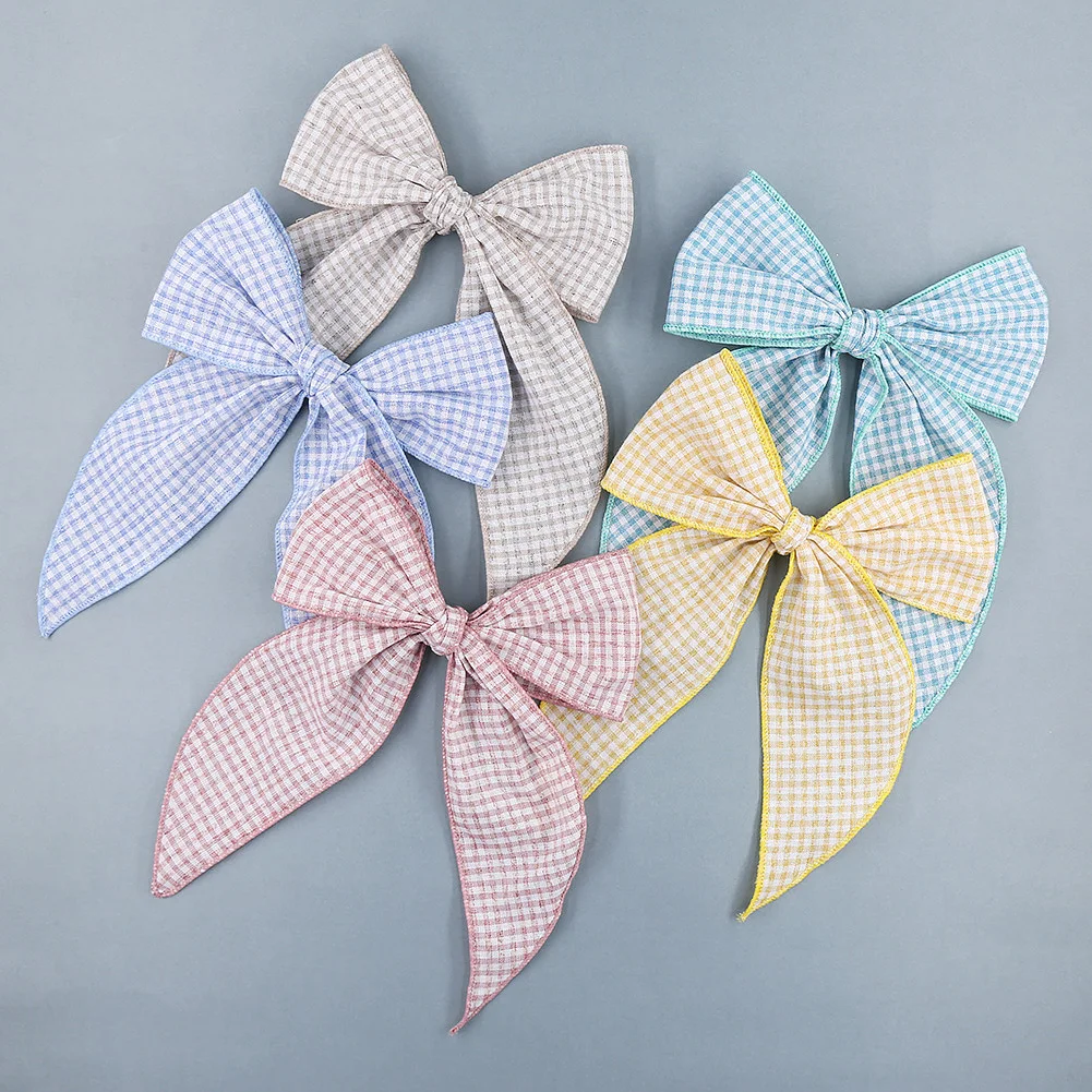 

2021 Hot Sell 70%Cotton 30%Linen Gingham Hantied Lattice Elements Bows Toddler Big Barrette Bows Clips