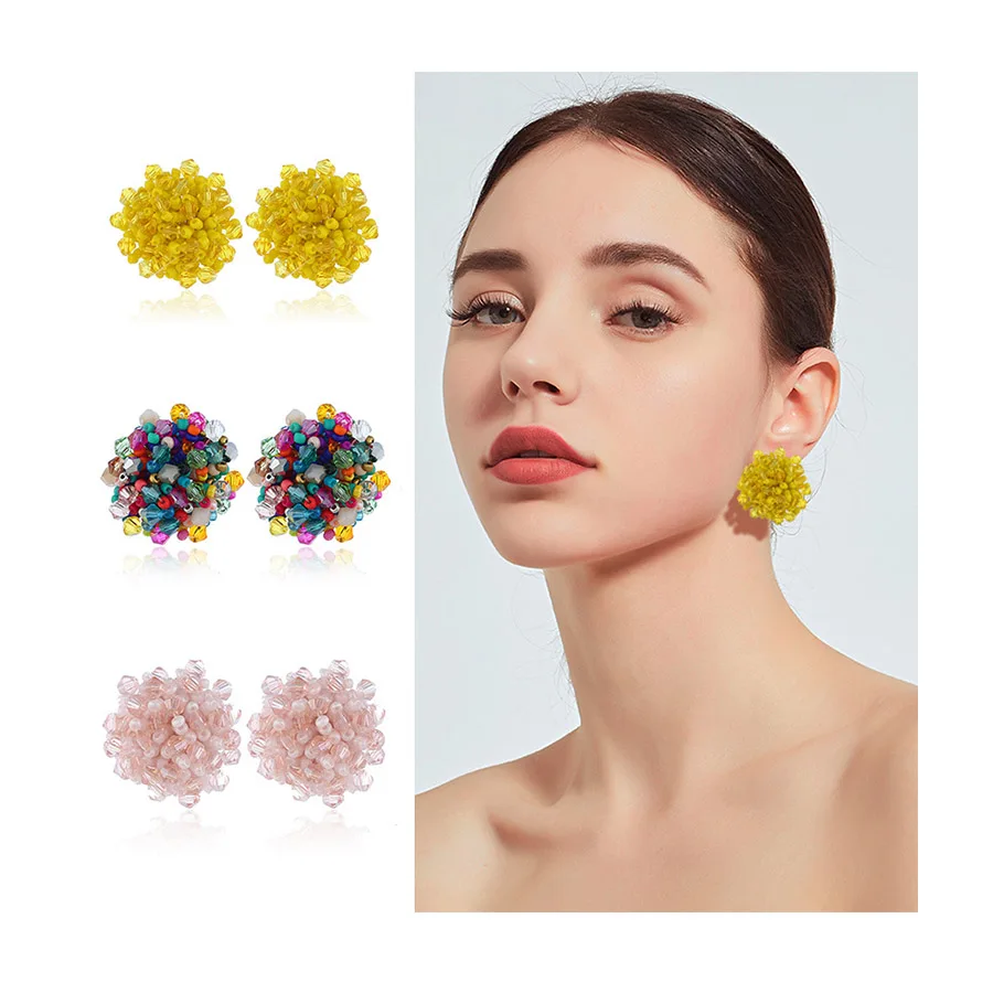 

Ruigang Handmade Boho Multicolor Glass Beads Stud 30mm Seed Bead Ball Earrings