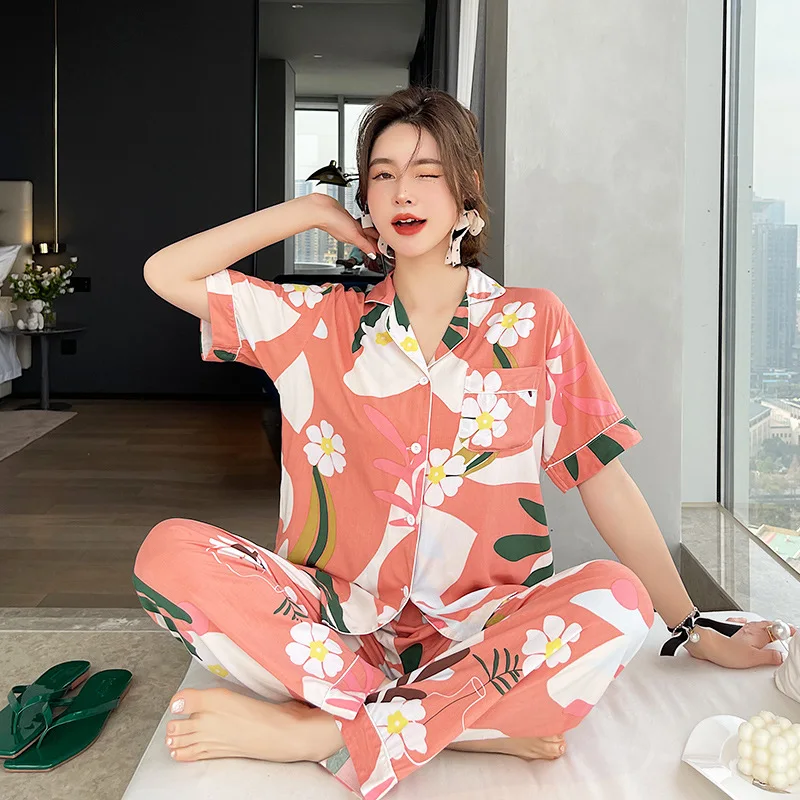 

Floral Pyjamas Women Sleepwear Short Sleeve Pajamas Temperament Lounge Wear Viscose Pijamas