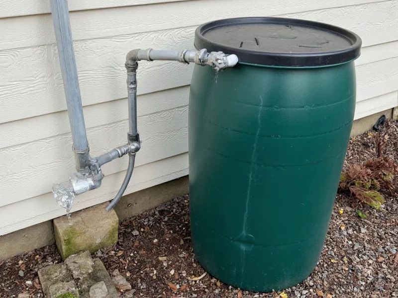 Completed DIY rain barrel system connected to gutter with overflow management
