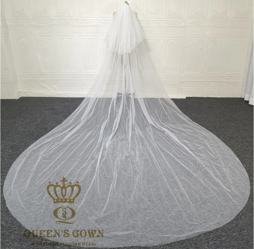 QUEENSGOWN Shiny glitter bridal veils double layer long ivory fancy bling tulle mesh veils delicate bridal wedding veils
