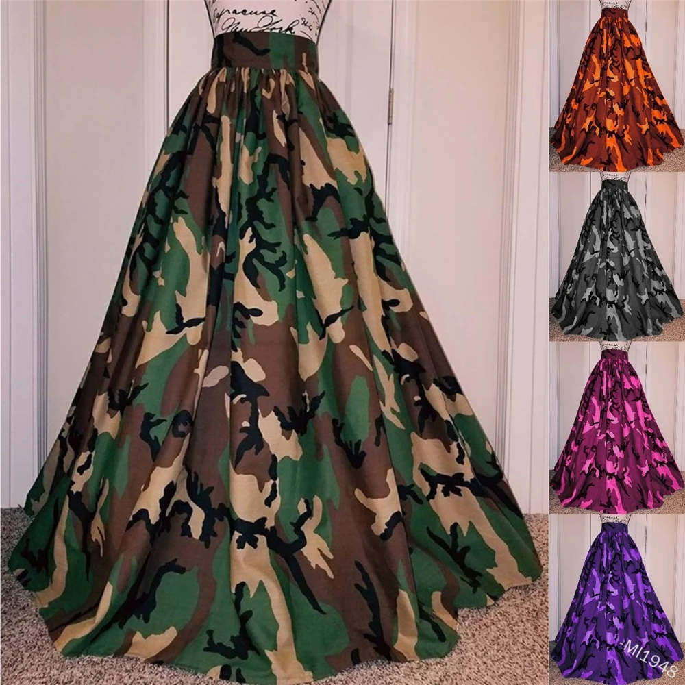 

Camouflage Plus Size Floor-Length Skirts Women 2021 Printed A Line Skirts Girls High Waist Long Skirts