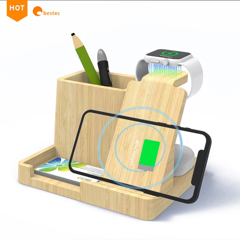 

Top selling Fast Charging Wireless Charger Desk Dock Station Desk Organizer with Pen Holder wood bamboo for iPhone, Black ,white,customized