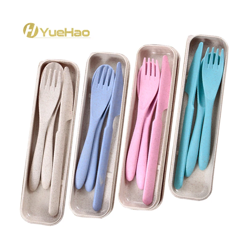 

Portable knife fork spoon Biodegradable Wheat Straw flatware Reusable Camping Travel plastic cutlery set with case, Beige,green,blue,pink