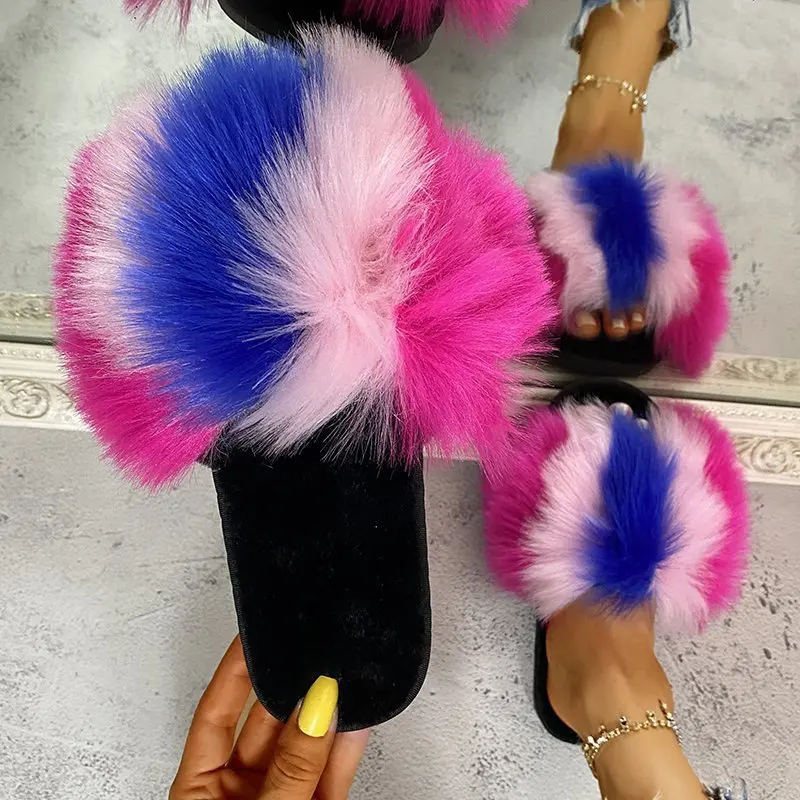 

Wholesale 2021 Fashion Summer Soft Furry Slippers Shoes Ladies Faux Flat Sandals Plush Fur Slides Women, As pictures or customized color