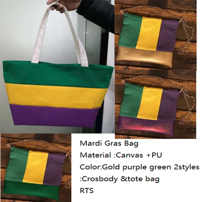 

RTS Mardi Gras Crossbody bag and tote bag, Green yellow purple