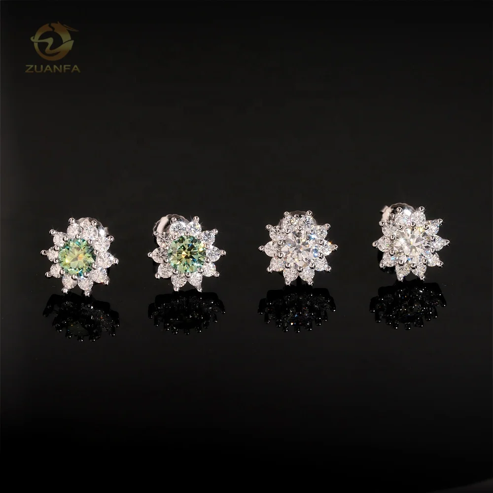 Fine Jewelry 925 Sterling Silver Screw Back Blue Green Moissanite Diamond Sunflower Hip Hop Stud Earrings