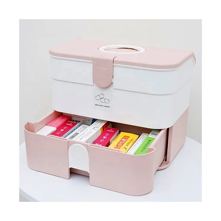 

Wholesale Large Capacity Plastic Pharmacy First Aid Box Portable Injection Plastic Medicine Storage Box 3 Layers Organizer, Pink