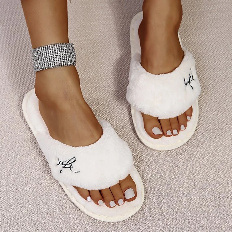 

Drop shipping cheap low MOQ custom Embroidery letter Cute Bedroom Bride white pink thong Fluffy Fur flip flops Slides Slippers, White, pink, black