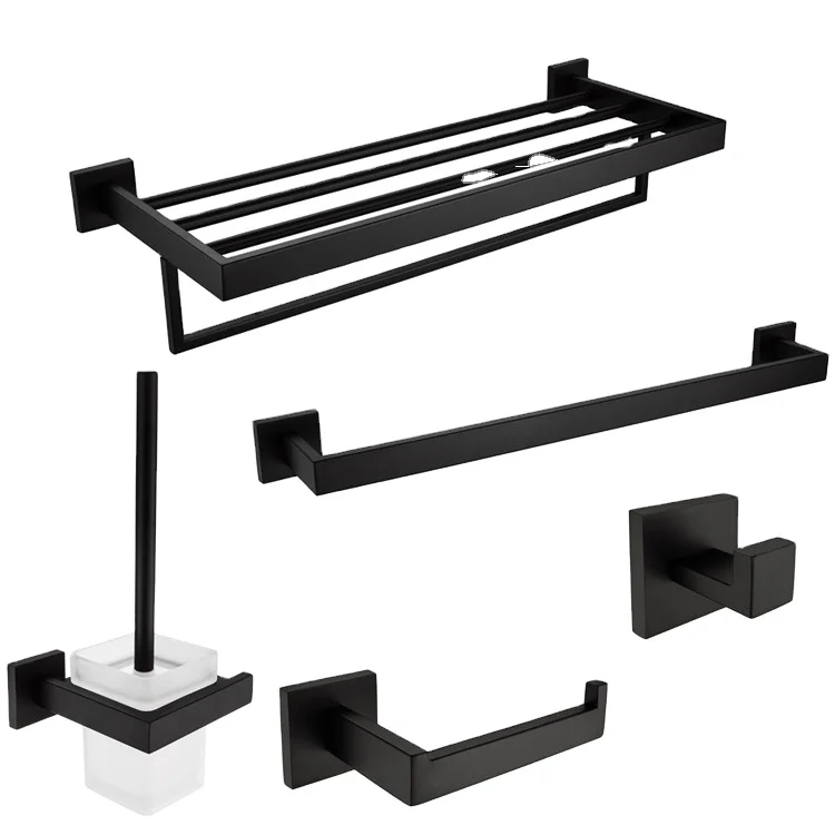 

304 Stainless Steel Bathroom Accessories Set Black Robe Hook Towel Bar Tissue Paper Holder Ceramic Toothbrush Holder