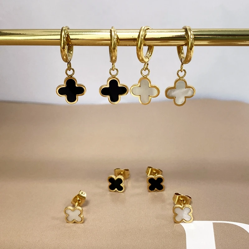

Fashion Stainless Steel Four Leaf Small Stud Earrings Hypoallergenic Clover Earrings Popular Pearl Shell Hoop Earrings For Women
