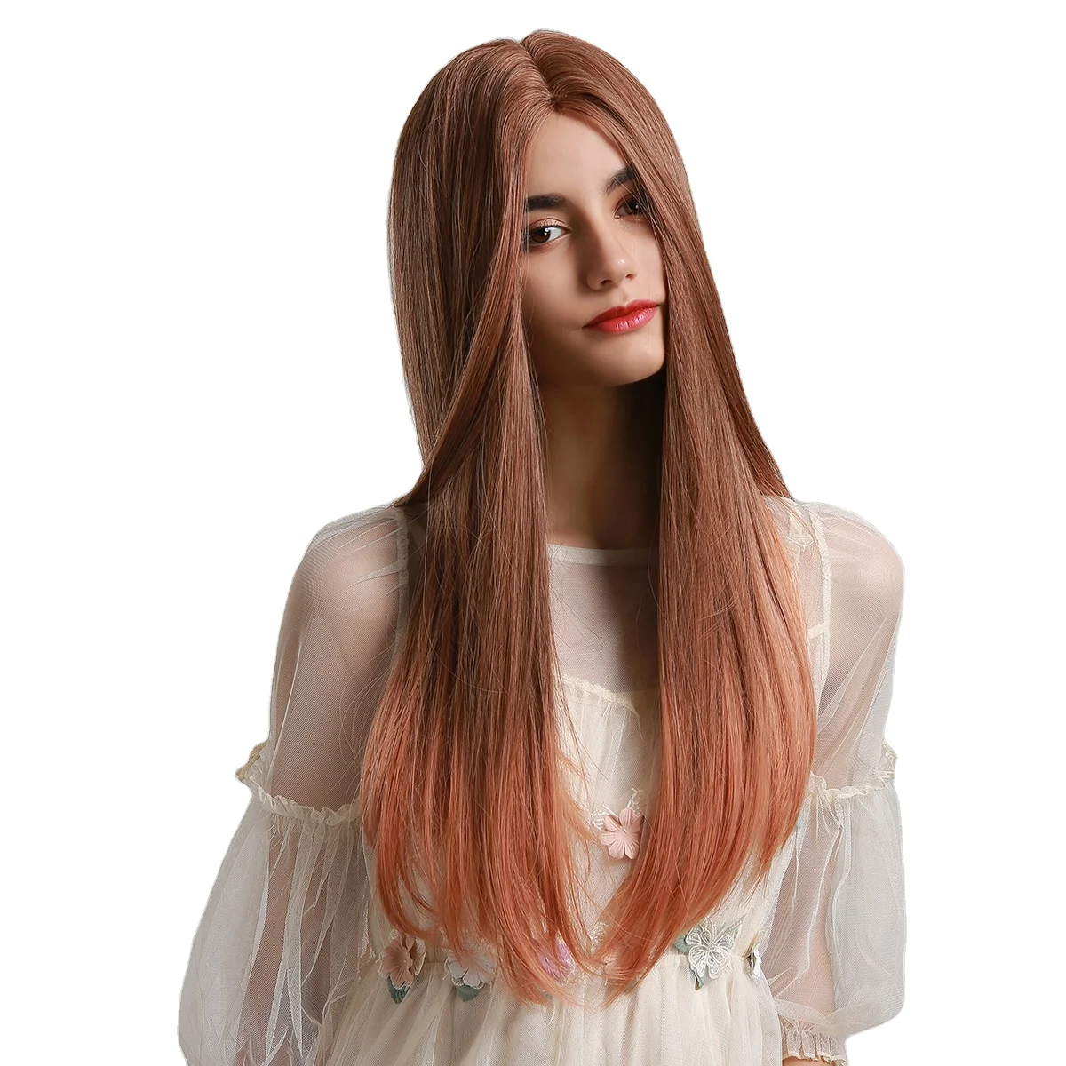 

BVR 26 Inch High Temperature Fiber Synthetic Wigs Brown Gradient Ombre Wig Without Bangs For Cosplay Party
