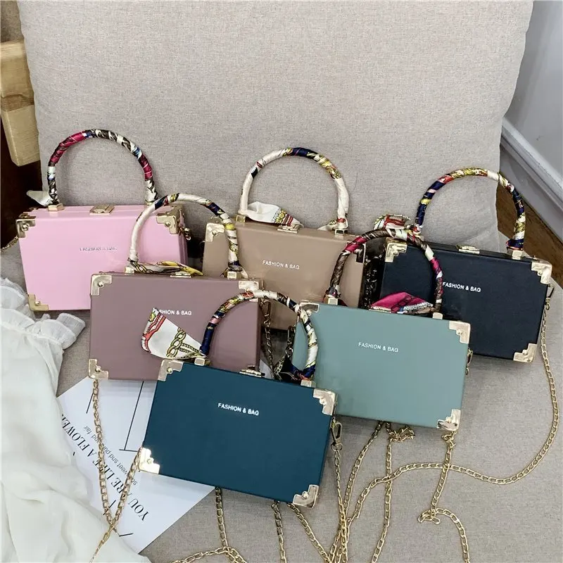 

2021New korea style box hand bags women fashion lady purse bandana handbag with chain, Blue, black,white or custom made