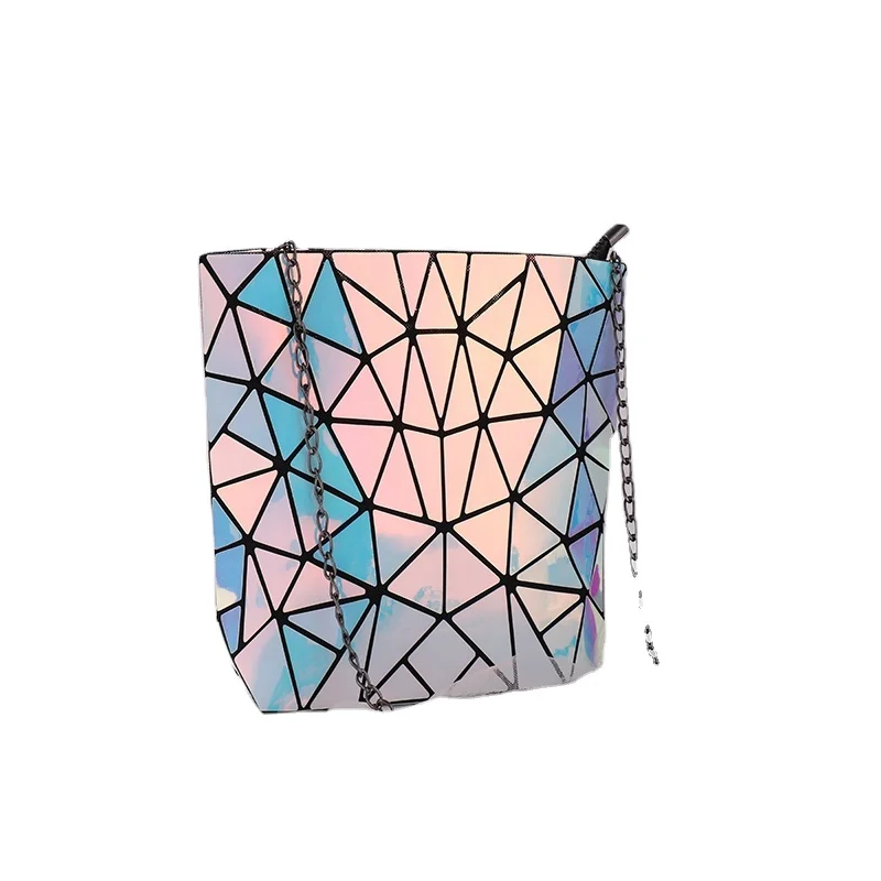 

Reflective silver color light weight geometric laser chain hand bags