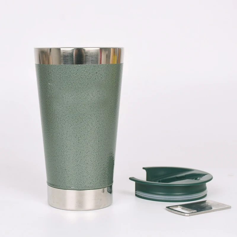 

2021 new product 1 pint double wall 304 stianless steel vacuum flask 473ml/16OZ beer mug with beer opener, Green, black