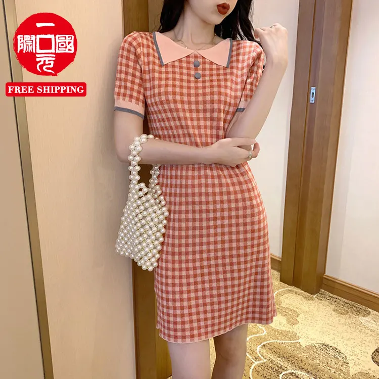 

2021 Summer New Knitted Polo Collar Plaid Dress girls' dresses