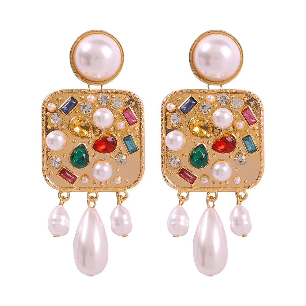 

Classic Unique Natural Stone Earring Square Diamond Teardrop Earring With Gold 22K Alloy Pearl Jewelry Ear Stud